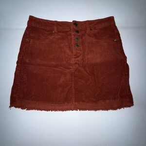 Indigo Rein Junior Rust Brown Corduroy Raw Hem Exposed Button Mini Skirt Sz 3/25